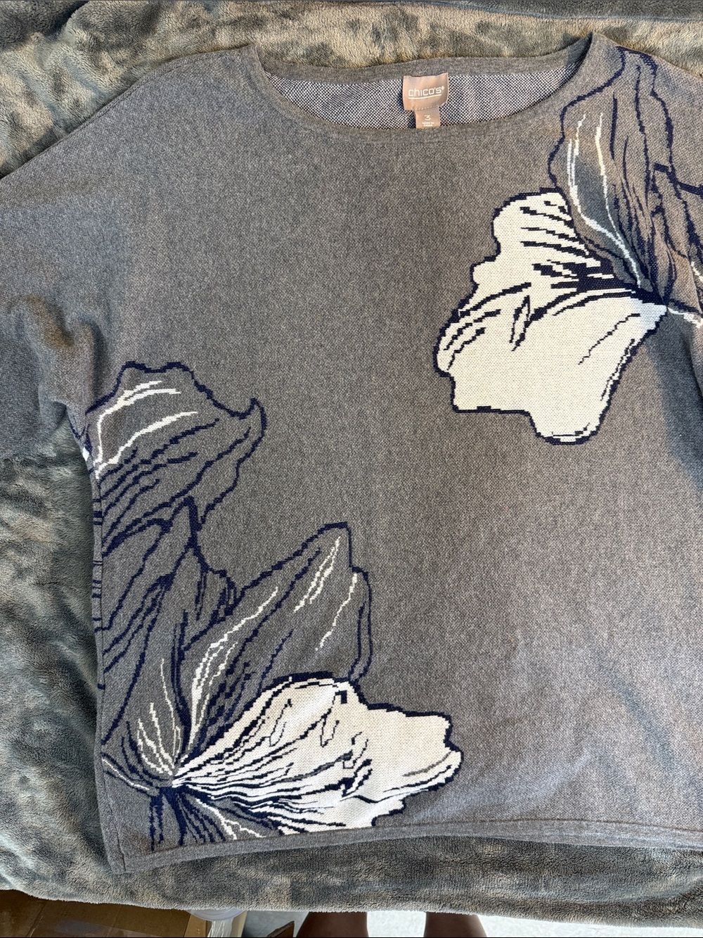 Chico's Gray Sweater with White & Navy Floral Motif